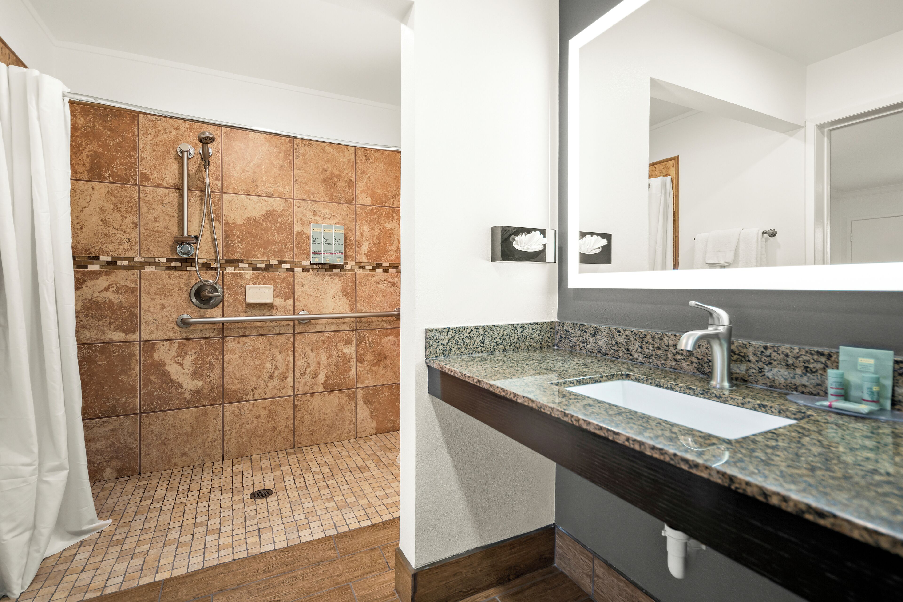 A bathroom with a shower, a sink, and a large mirror.