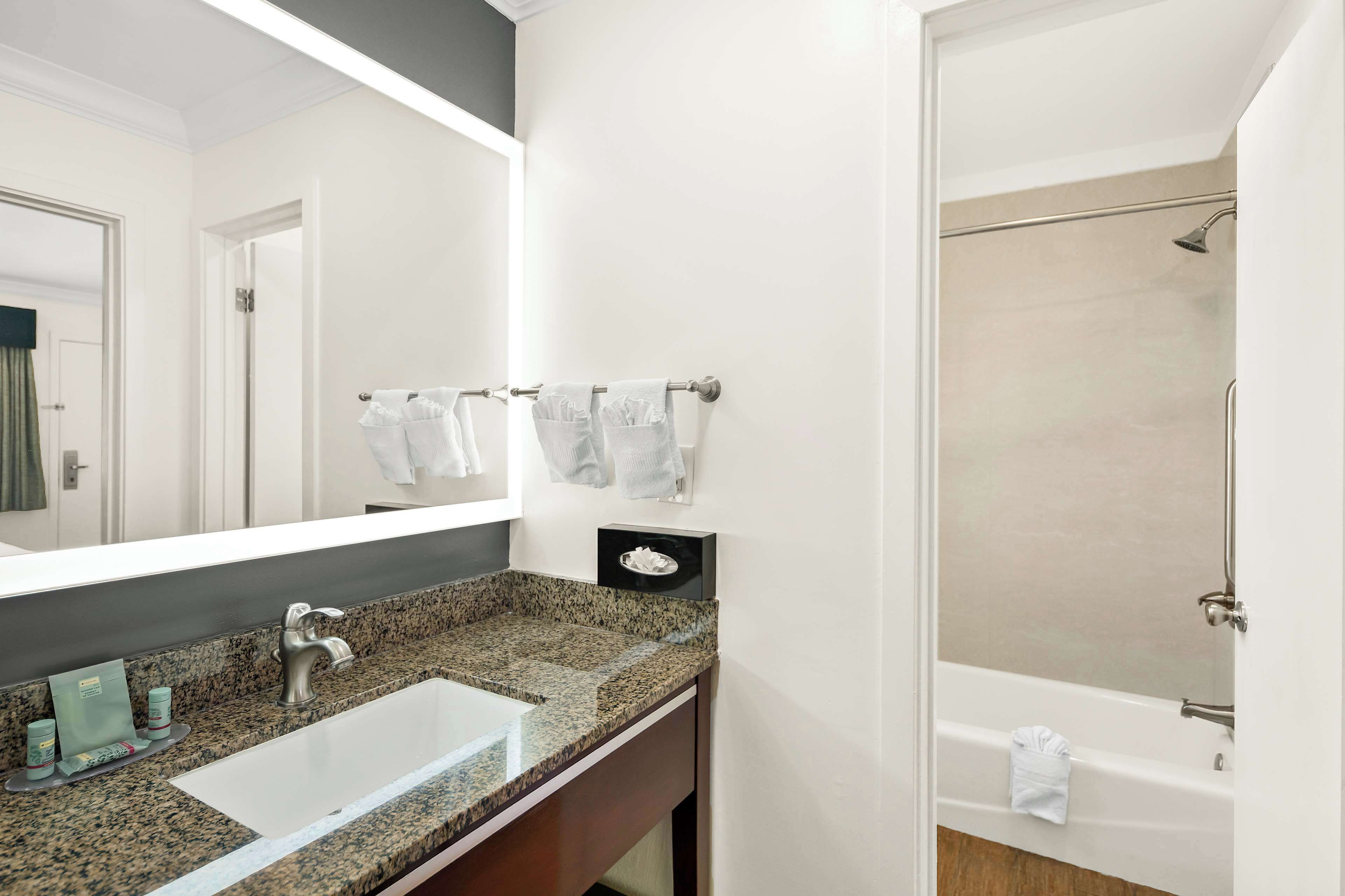 combined shower/bathtub, free toiletries, hair dryer, towels