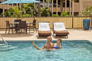 Outdoor pool, open 7:00 AM to 9:00 PM, sun loungers