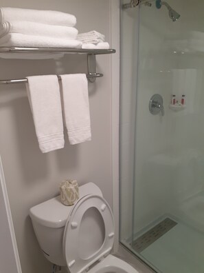 Ducha, secador de pelo, toallas y jabón