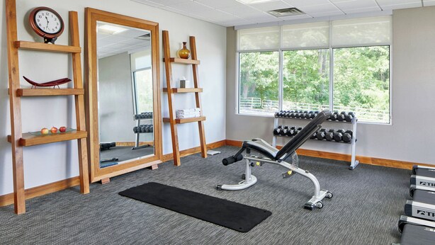 A gym with exercise equipment, a mirror, wooden shelves, and a window with a view of trees. - Courtyard by Marriott Rochester East/Penfield (Rochester)