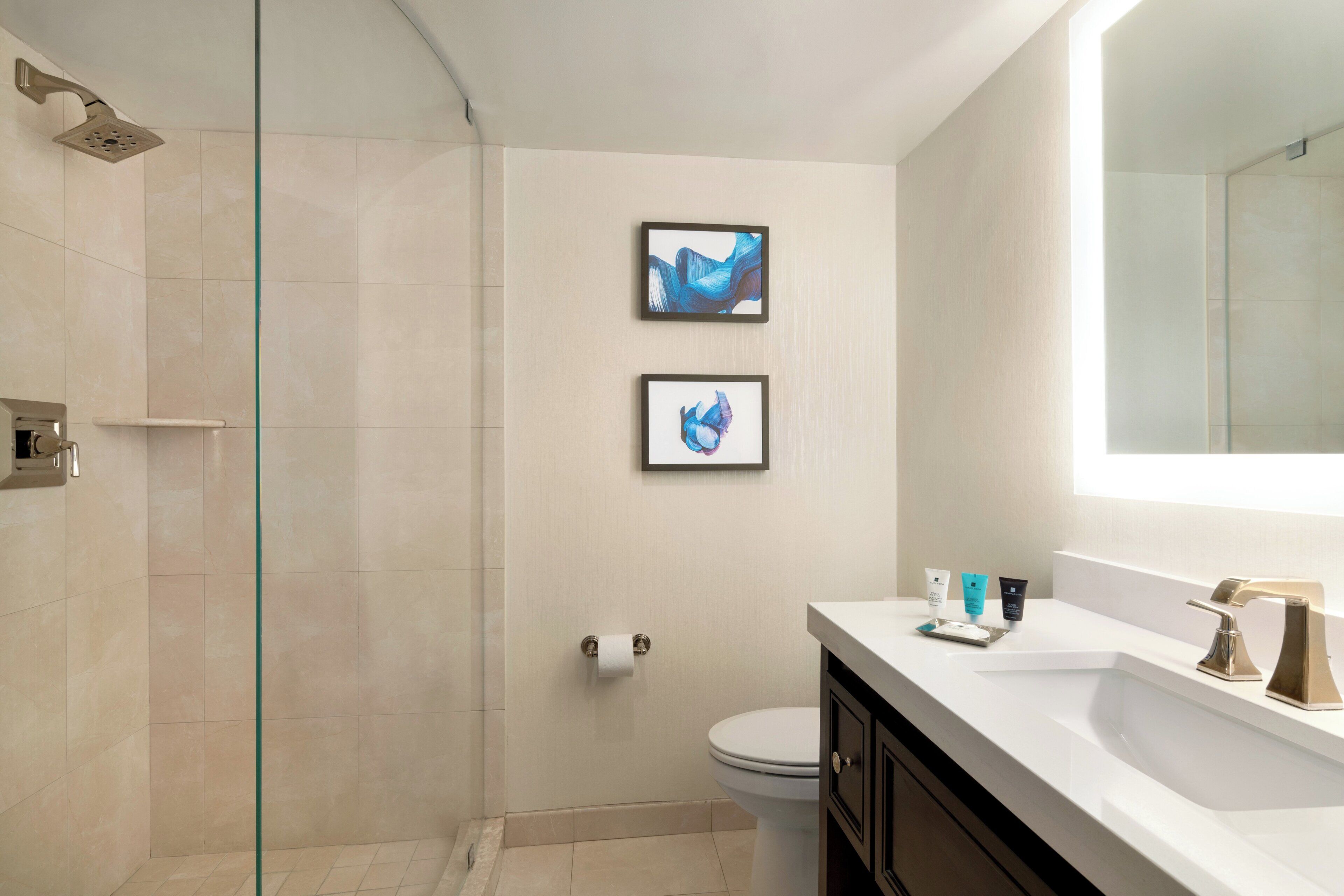 Une salle de bain moderne avec une douche à parois de verre, des toilettes et un meuble-lavabo avec un miroir.
