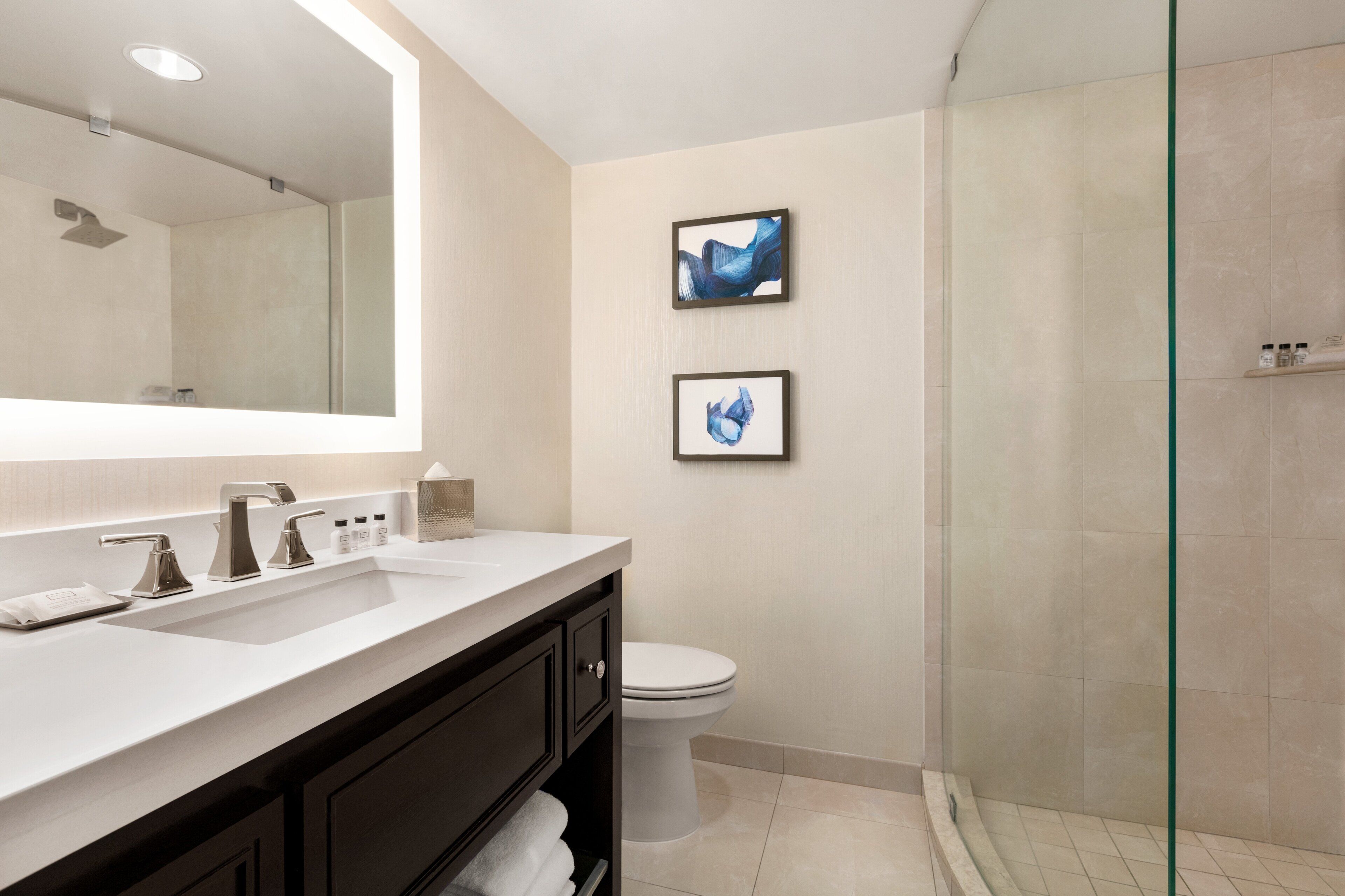 Une salle de bain moderne avec une douche à parois de verre, un lavabo blanc et des toilettes.
