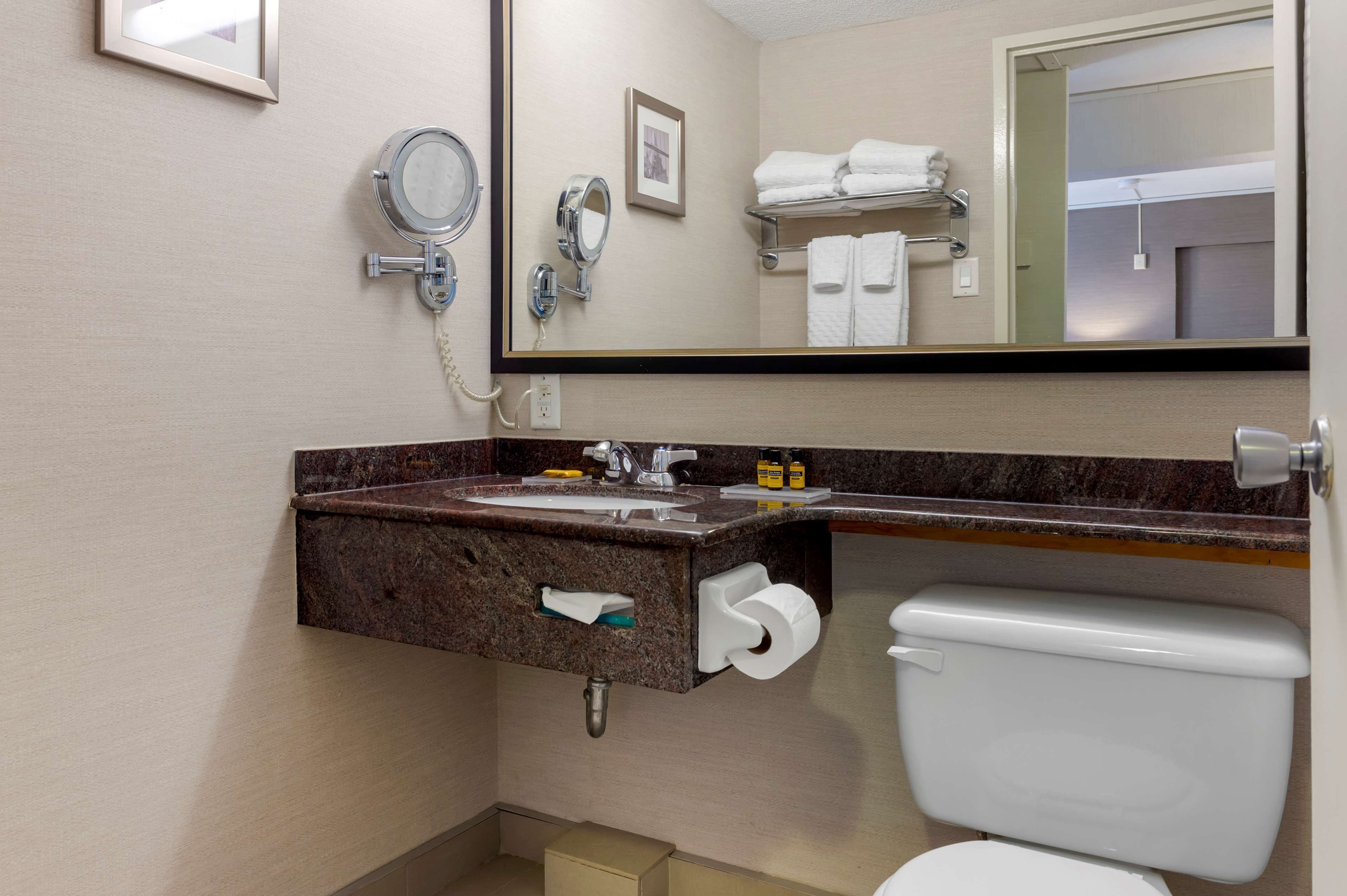 A bathroom with a sink, mirror, toilet, and towel rack.