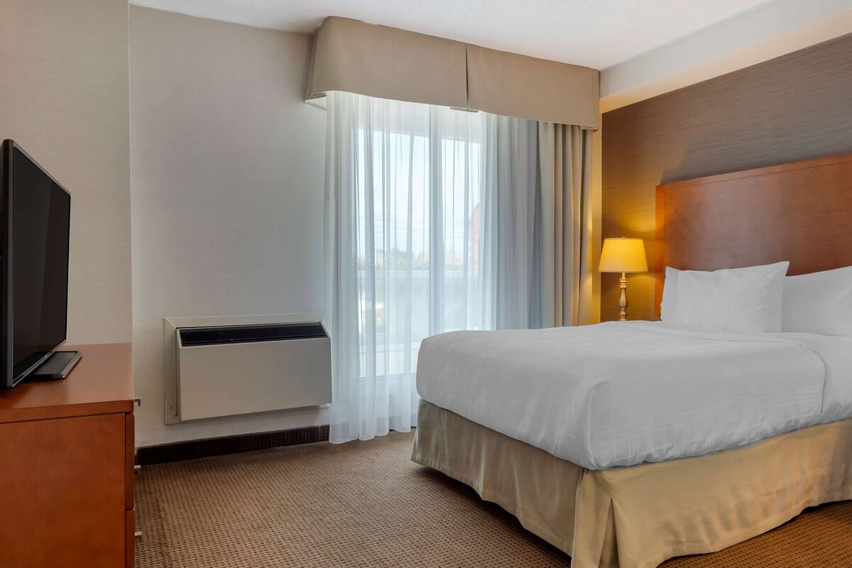 Habitació d'hotel amb un llit, una televisió sobre un moble de fusta, una làmpada i una finestra amb cortines translúcides.
