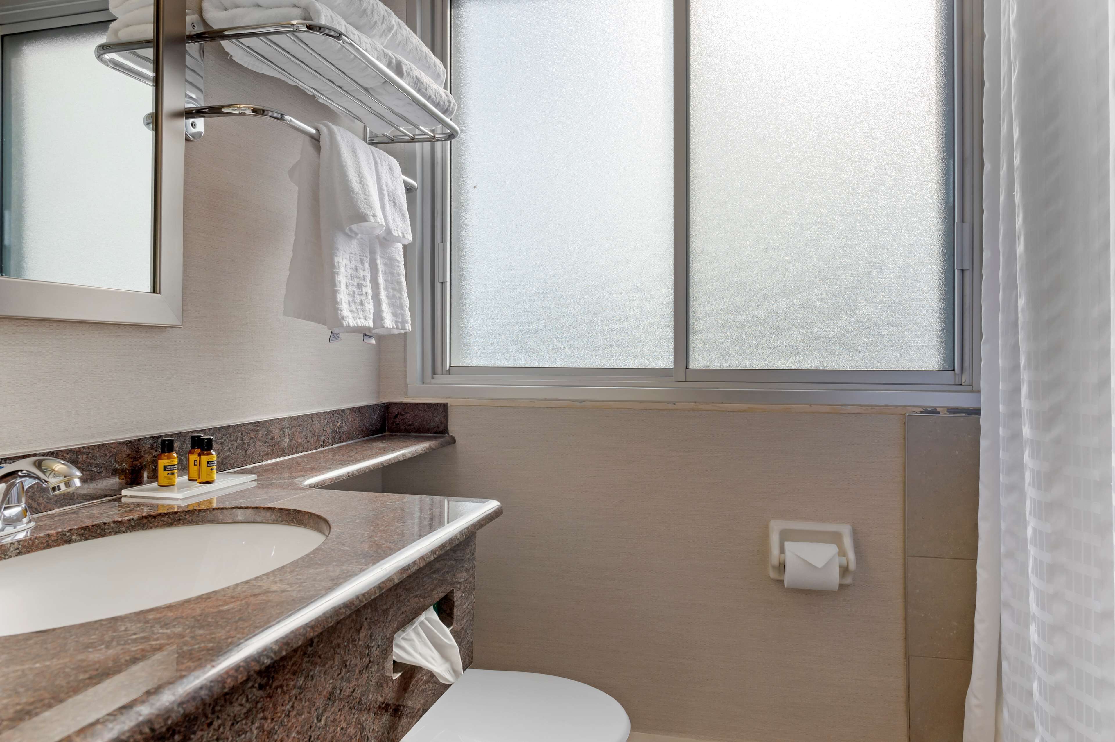 Baño con lavamanos de encimera de granito, espejo, toallero y ventana con vidrio esmerilado.