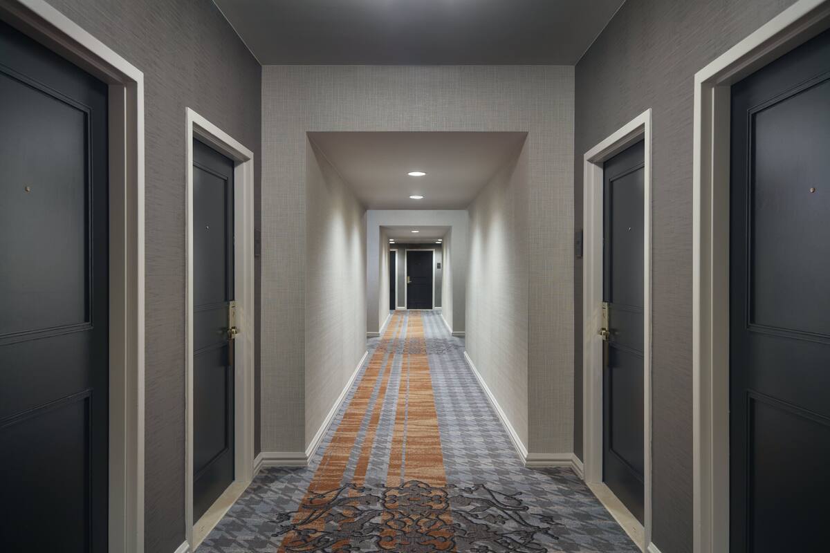 Un couloir avec des portes sombres, une moquette à motifs et un luminaire au plafond.