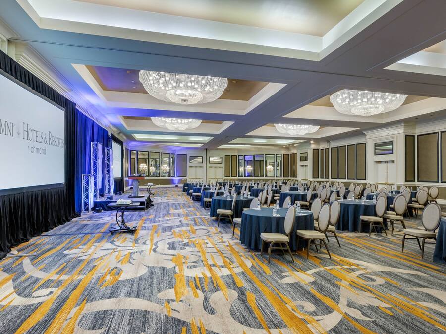 Une salle de conférence dotée d’un grand écran affichant le texte « OMNI HOTELS & RESORTS Richmond », de rangées de tables avec des chaises et de lustres au plafond.