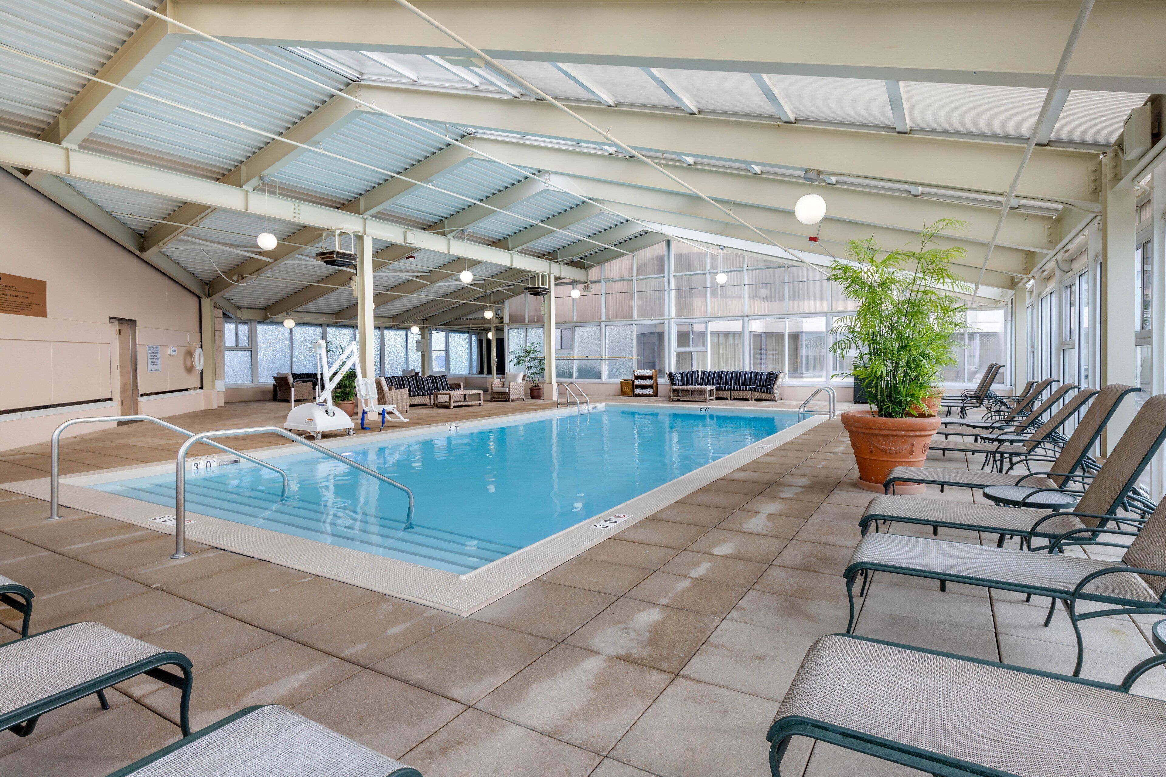indoor pool, open 6:30 am to 10:00 pm, pool loungers