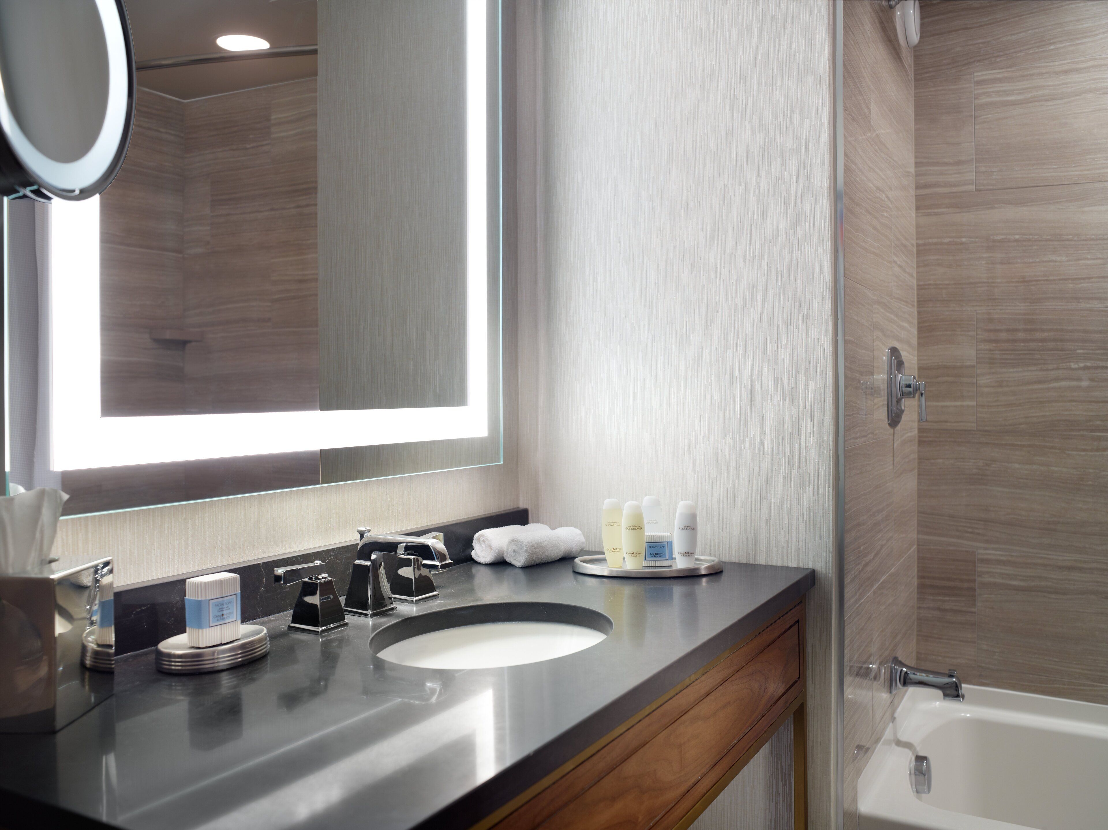 combined shower/bathtub, free toiletries, hair dryer, bathrobes