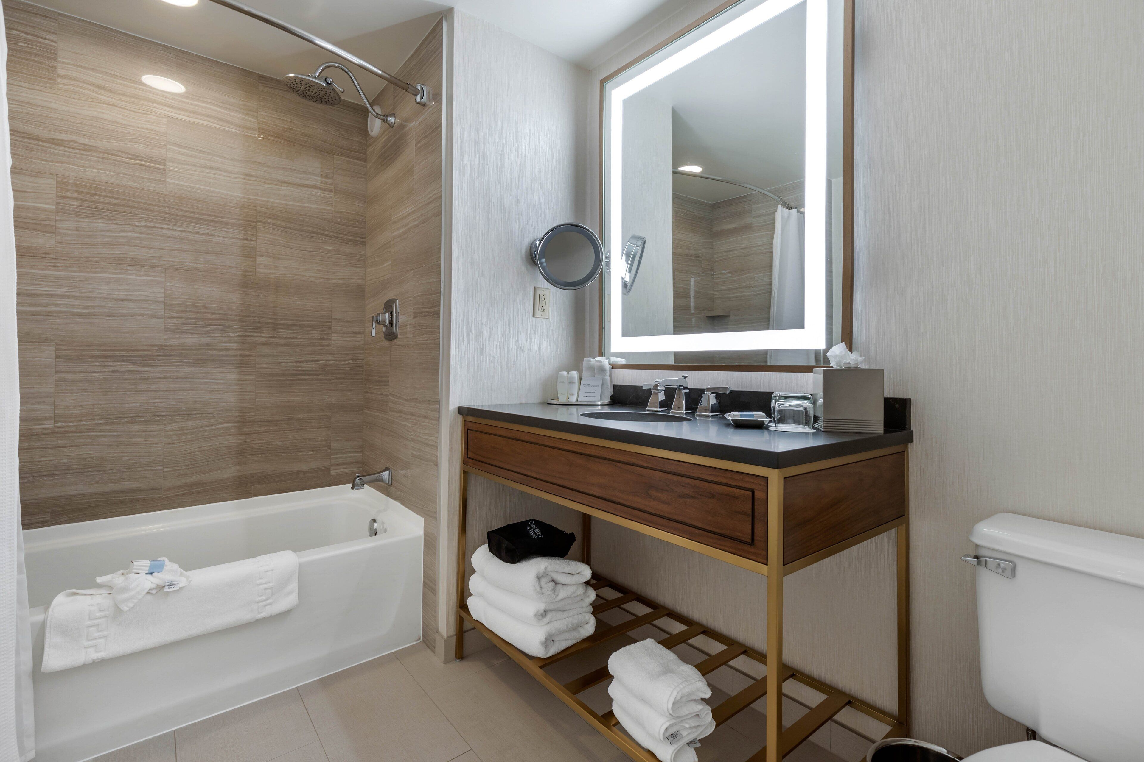 A modern bathroom with a wooden shower enclosure, a vanity with a mirror, and a toilet.