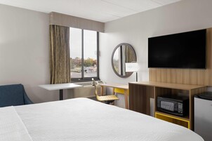 A hotel room with a bed, a desk, a chair, a TV, a microwave, and a view of the outside.
