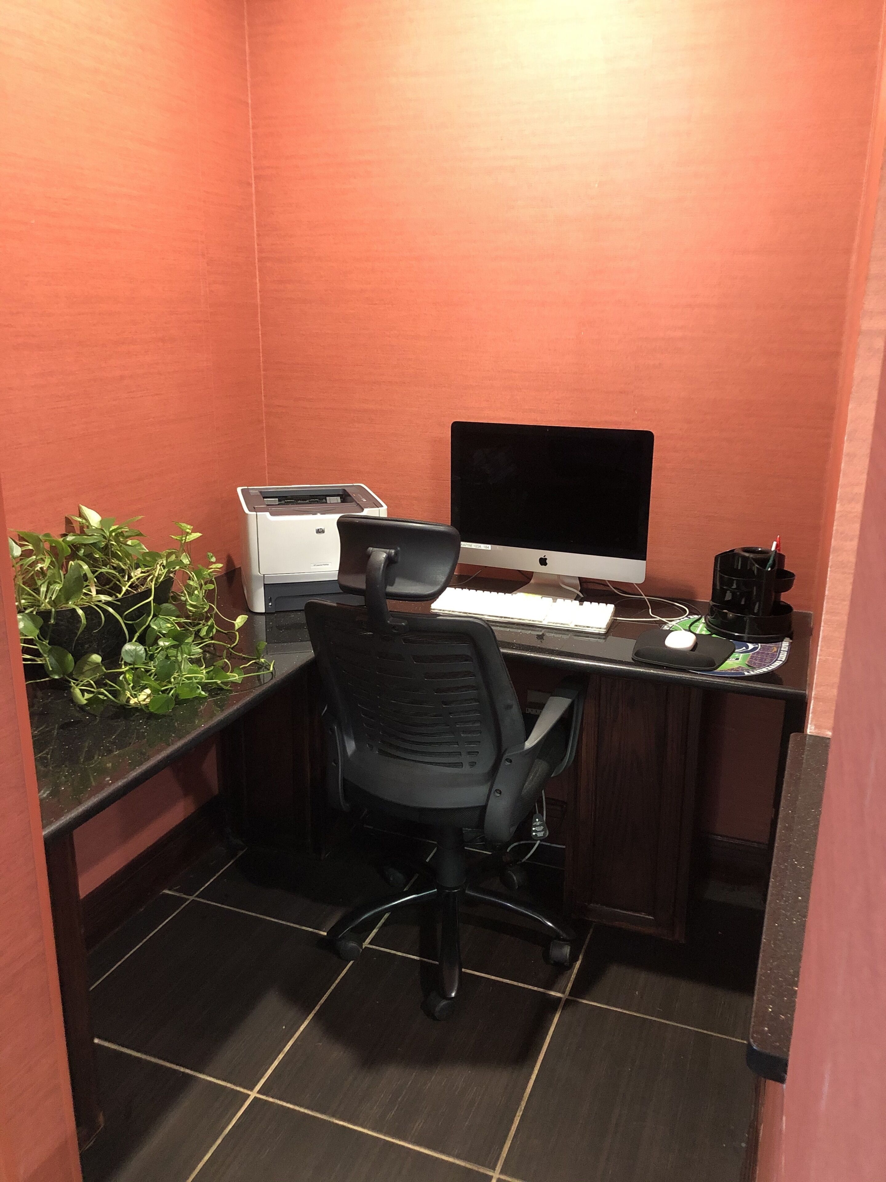Un petit bureau comprenant un bureau, une chaise, un ordinateur, une imprimante et une plante.