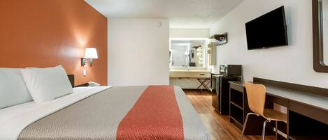 Desk, laptop workspace, free WiFi, bed sheets