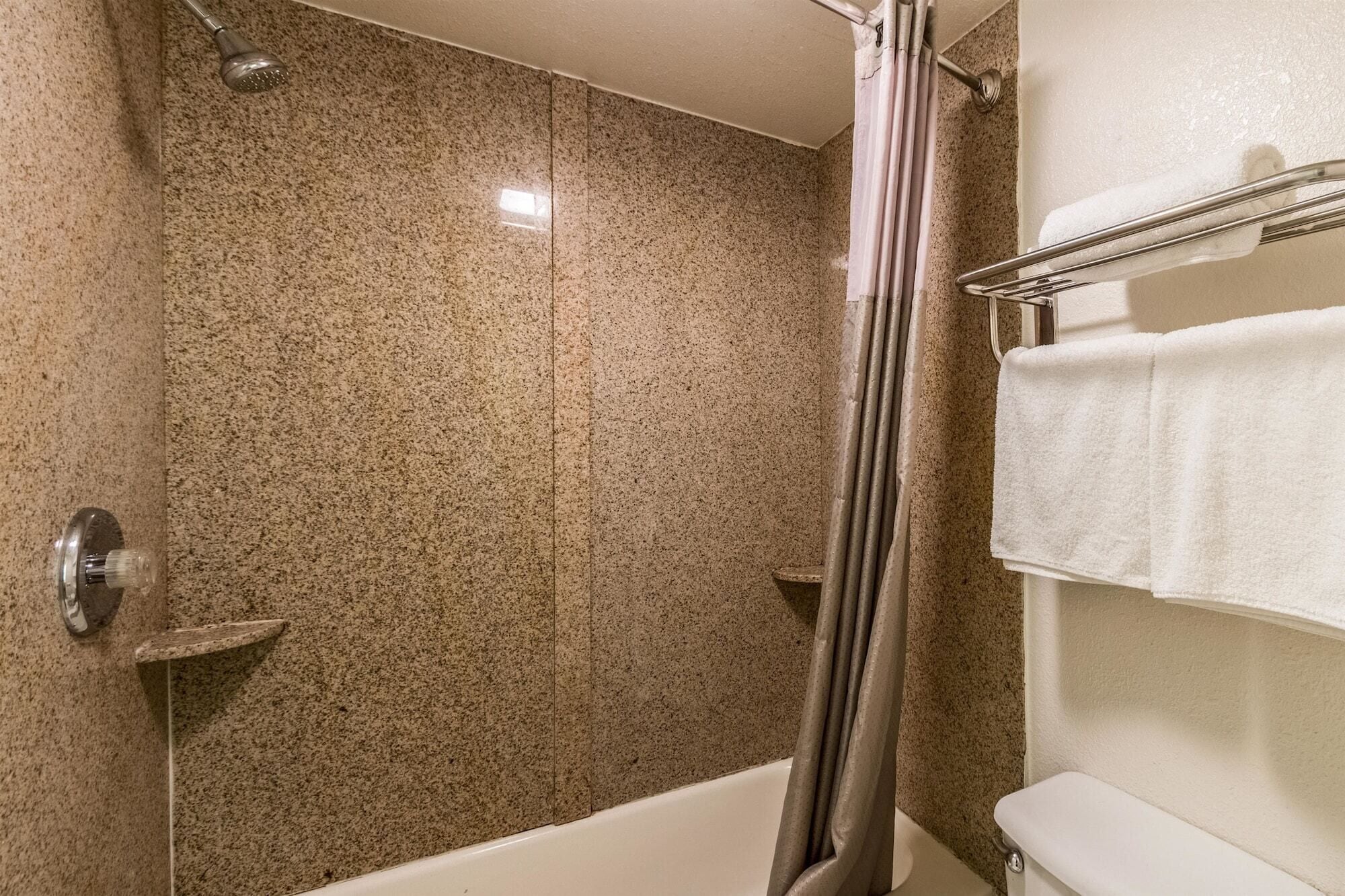 A bathroom with a shower, a toilet, and a towel rack.
