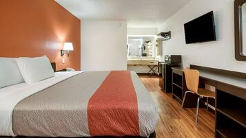 Desk, laptop workspace, free WiFi, bed sheets