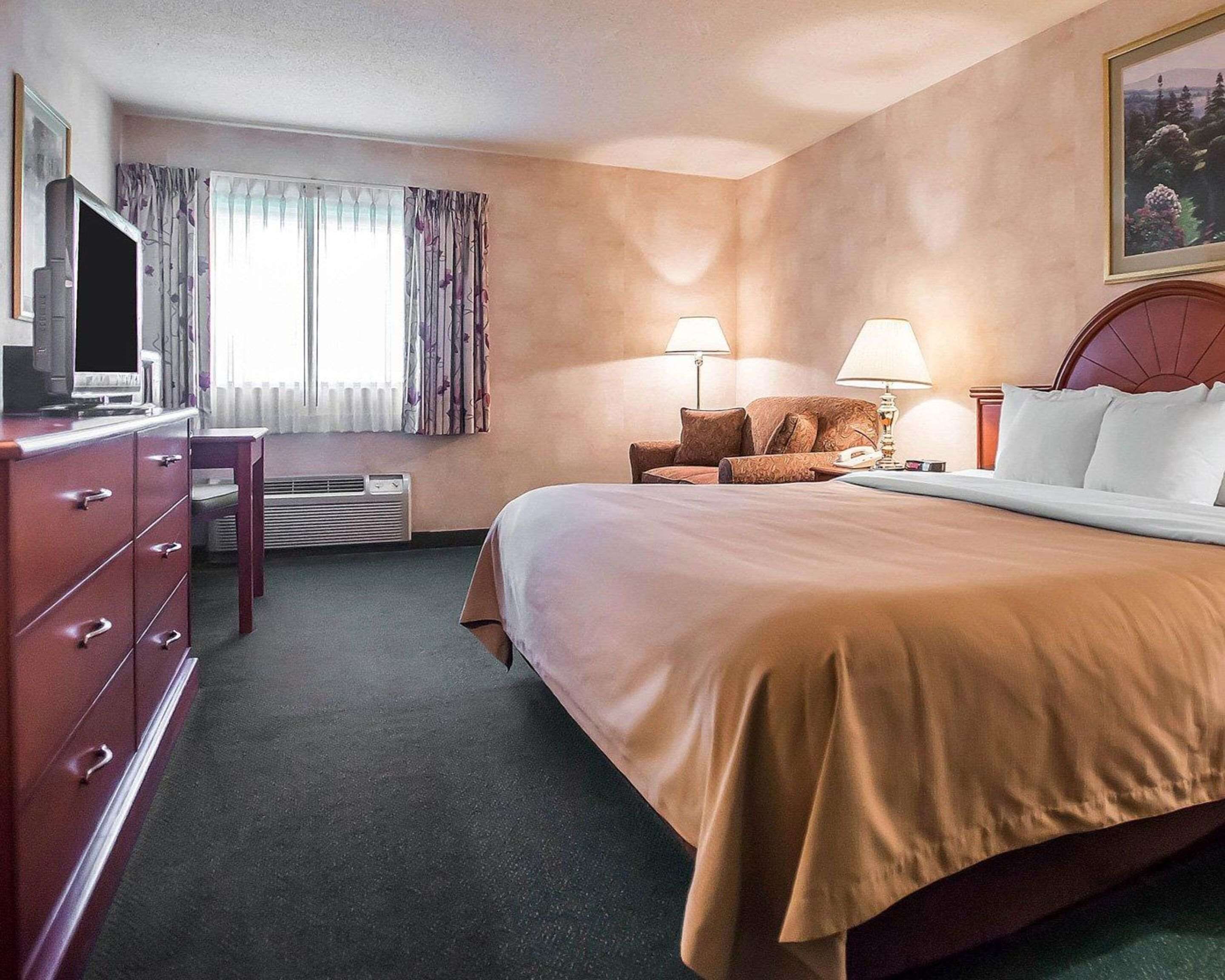 A hotel room with a bed, a desk with a television, a chair, two bedside lamps, and a radiator.