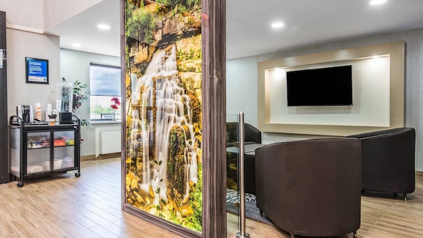 A reception area with a waterfall display, a TV mounted on the wall, and a reception desk with a cart.