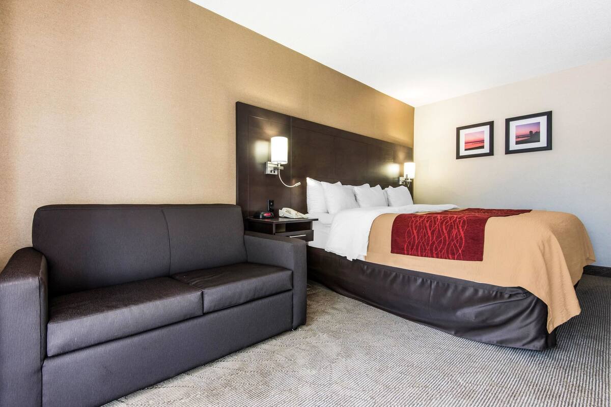 Une chambre d’hôtel comprenant un lit, un canapé, une table de chevet et deux lampes fixées au mur.