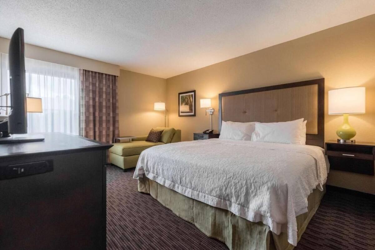 A hotel room with a bed, a desk, a chair, a TV, and lamps.
