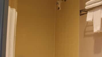 A bathroom with a bathtub, toilet, and a shower.