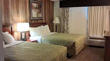 Desk, laptop workspace, blackout curtains, free WiFi