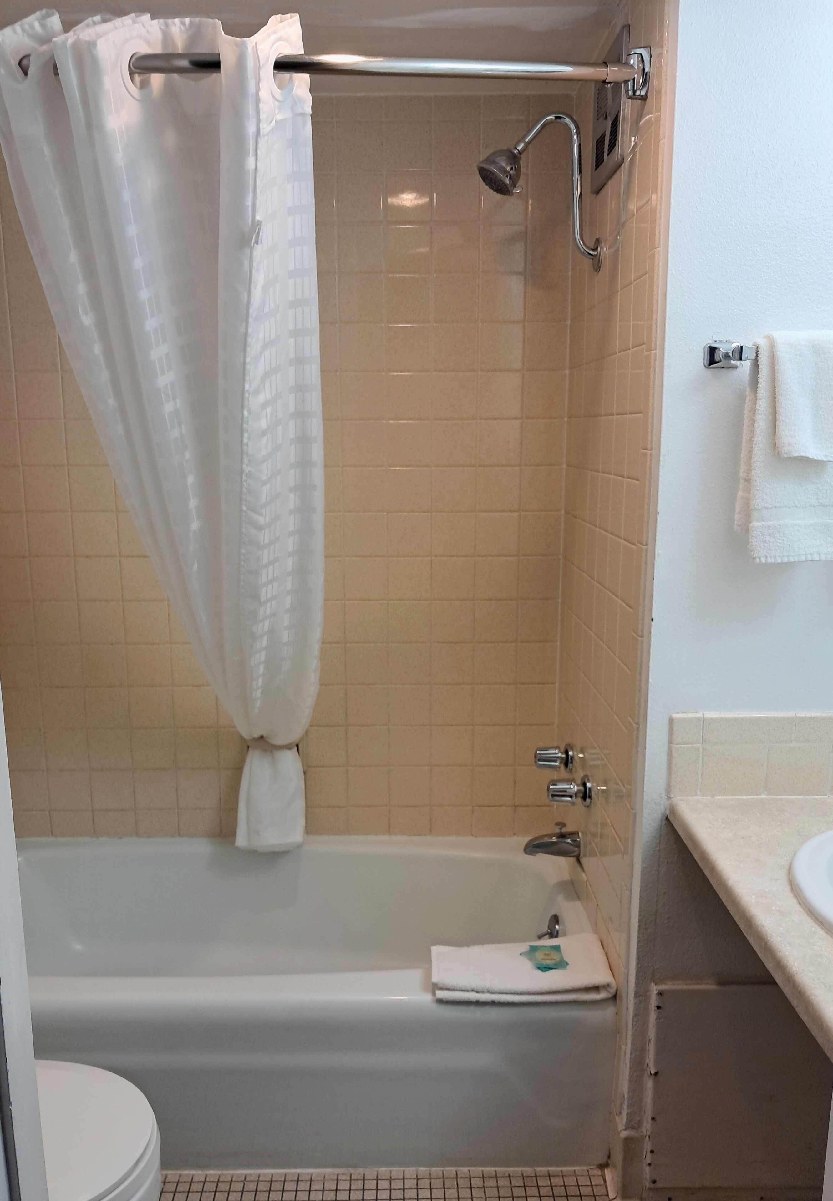 A bathroom with a bathtub, shower, and toilet.