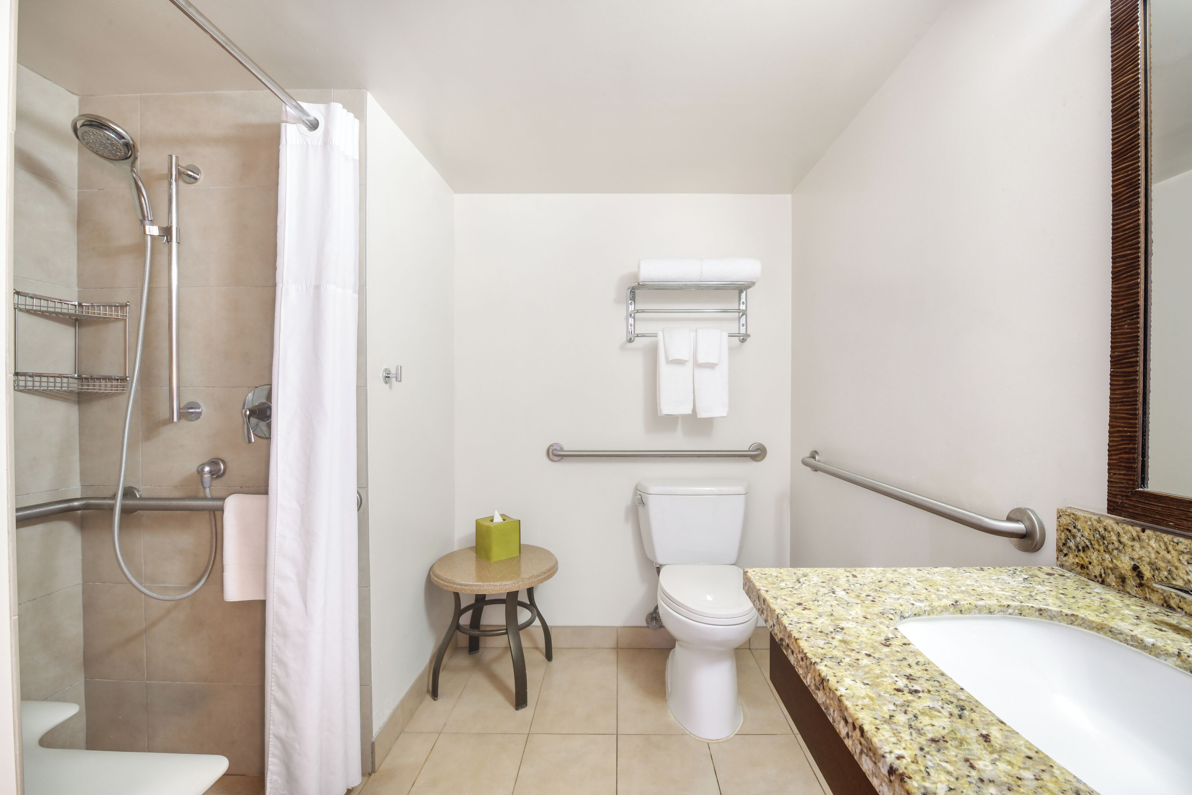 eco-friendly toiletries, hair dryer, towels