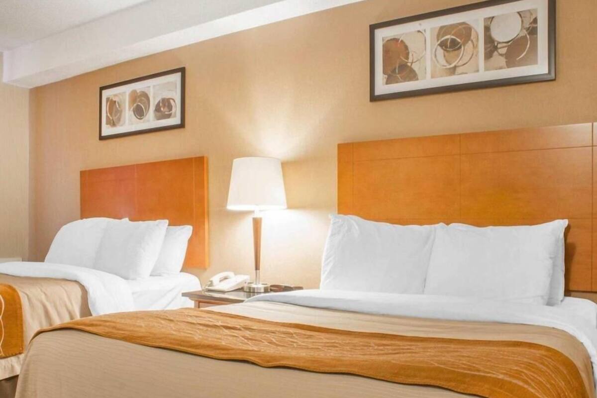 A hotel room with two beds, a nightstand with a lamp, and framed artwork on the walls.