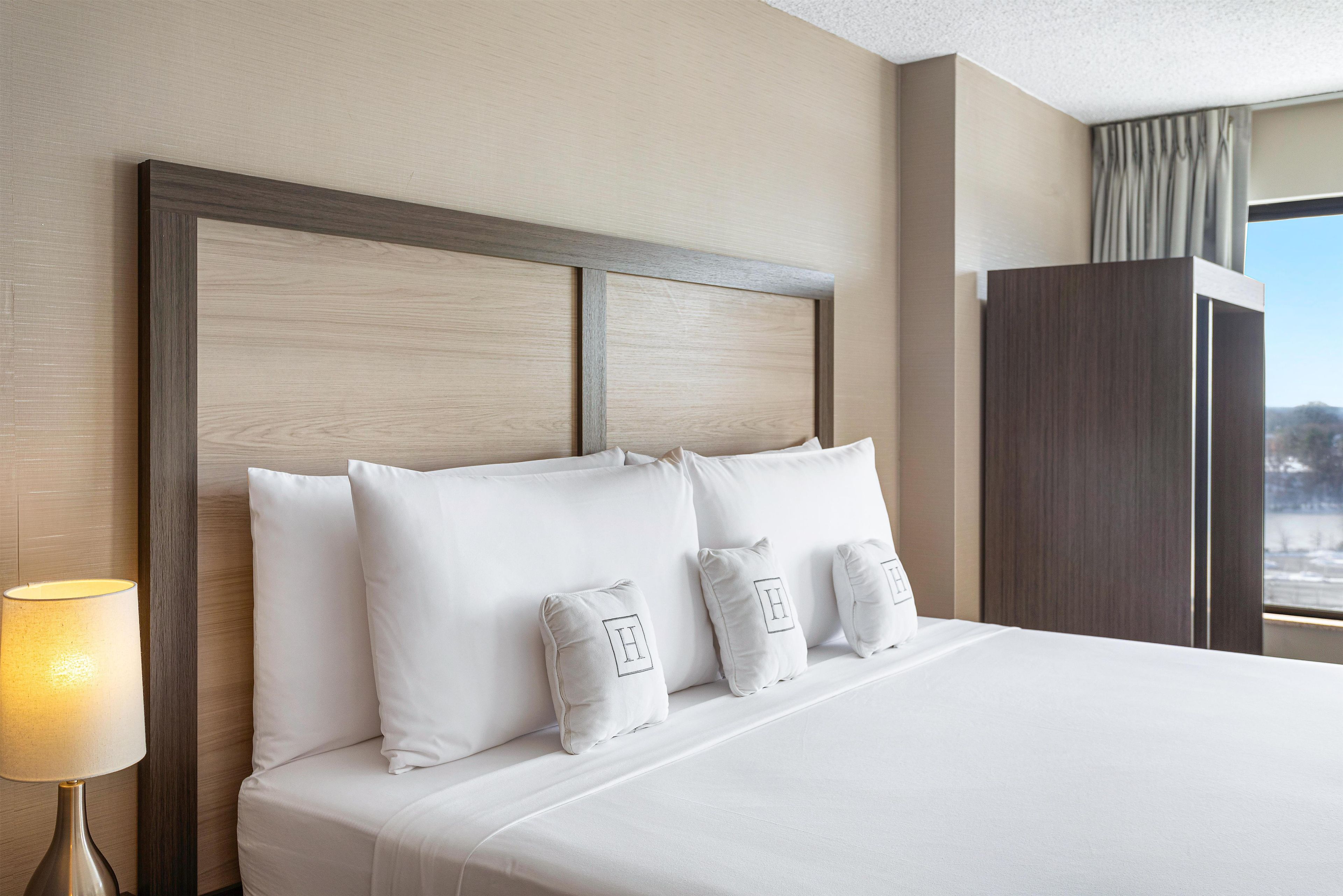 A hotel room with a large bed, a nightstand with a lamp, and a view of the outdoors.
