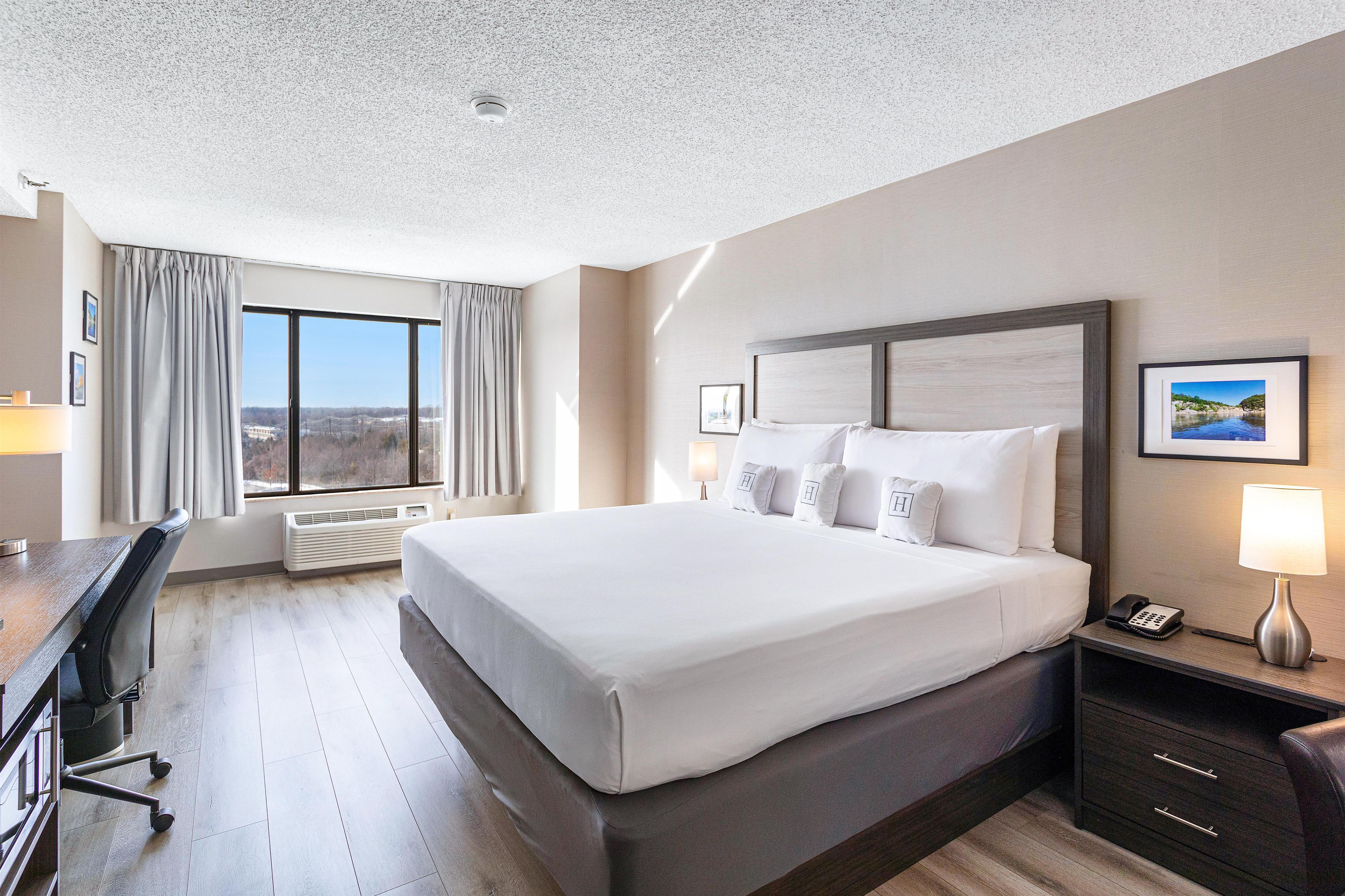 A hotel room with a large bed, a desk, a chair, a nightstand, and a view of the outdoors.