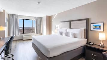 A hotel room with a large bed, a desk, a chair, a nightstand, and a view of the outdoors.