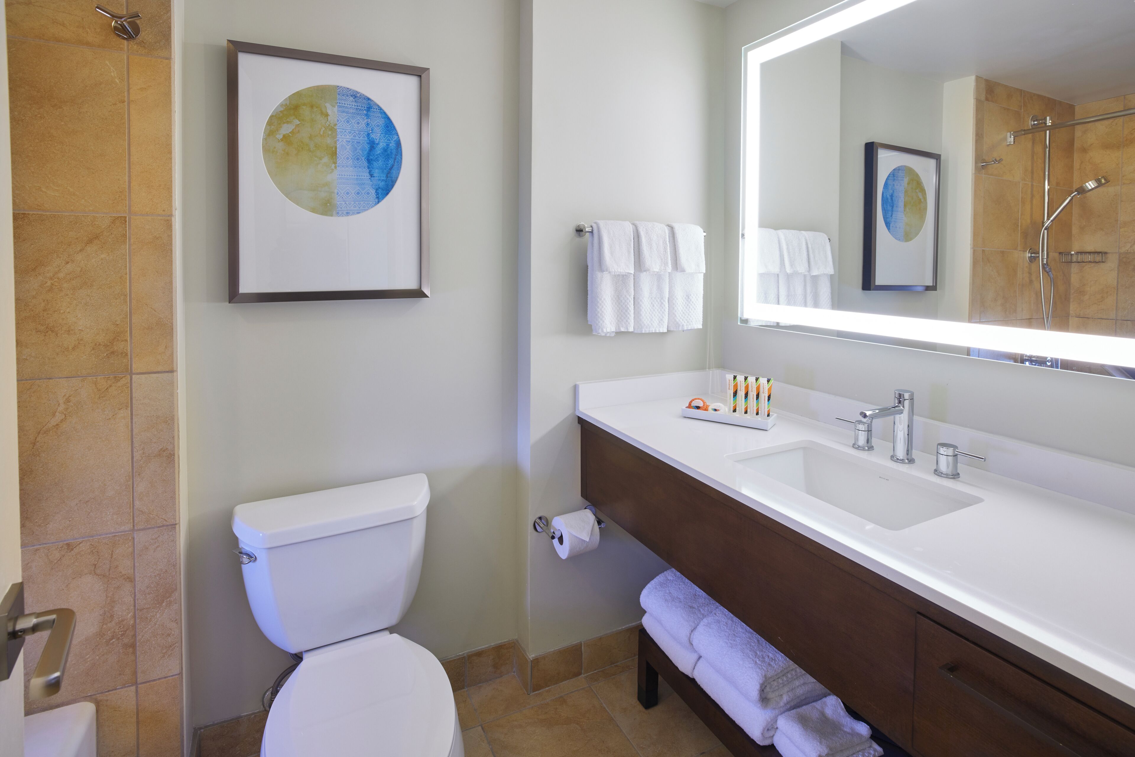 Un baño con inodoro, lavamanos y espejo. Hay toallas colgadas en la pared y un cuadro enmarcado sobre el espejo.