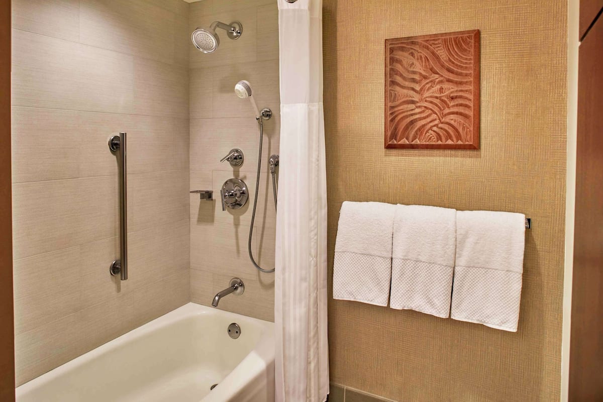 Un baño con bañera, ducha y perchero para toallas.