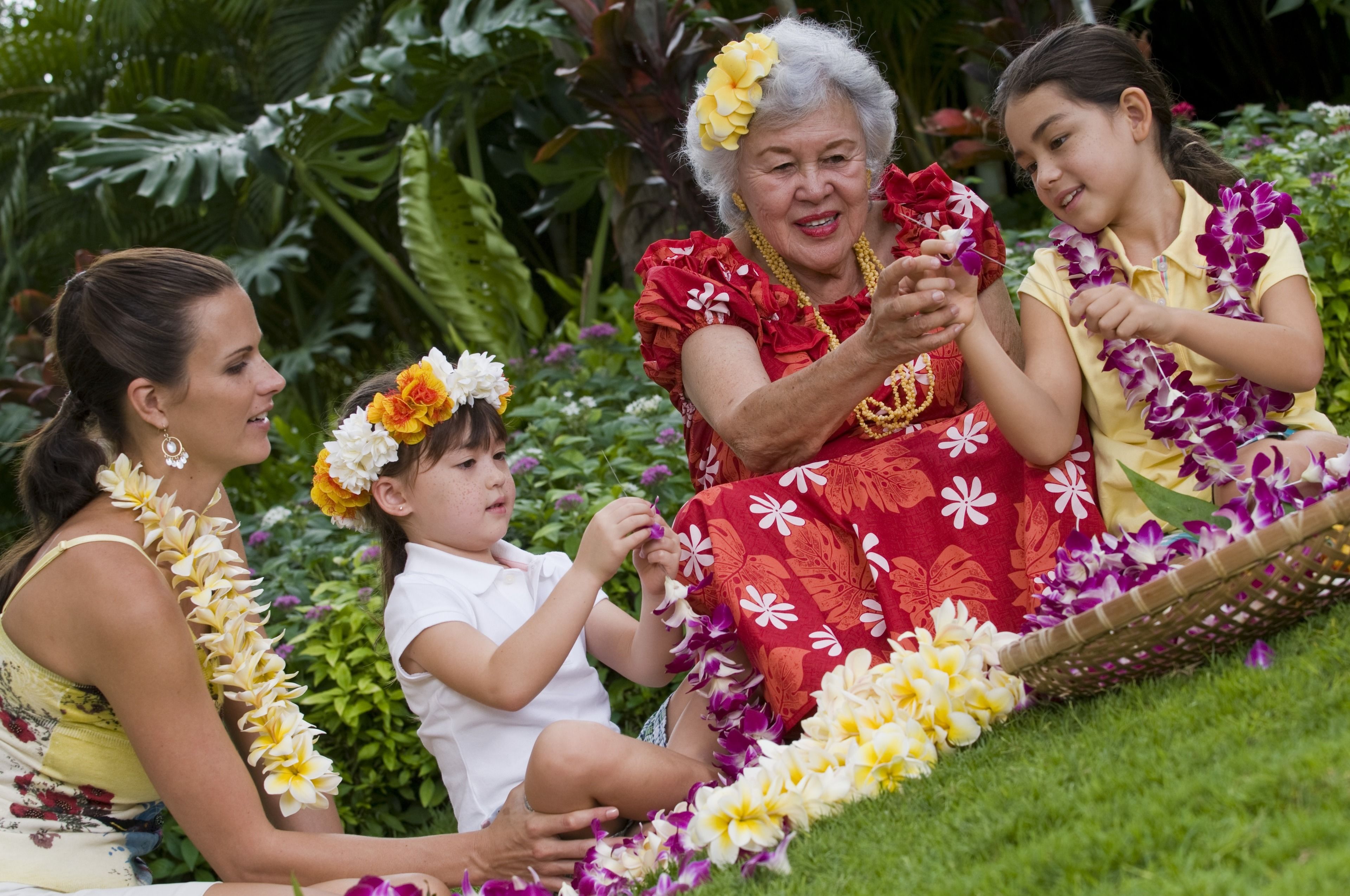 A group of people sitting on a grassy area surrounded by lush greenery.