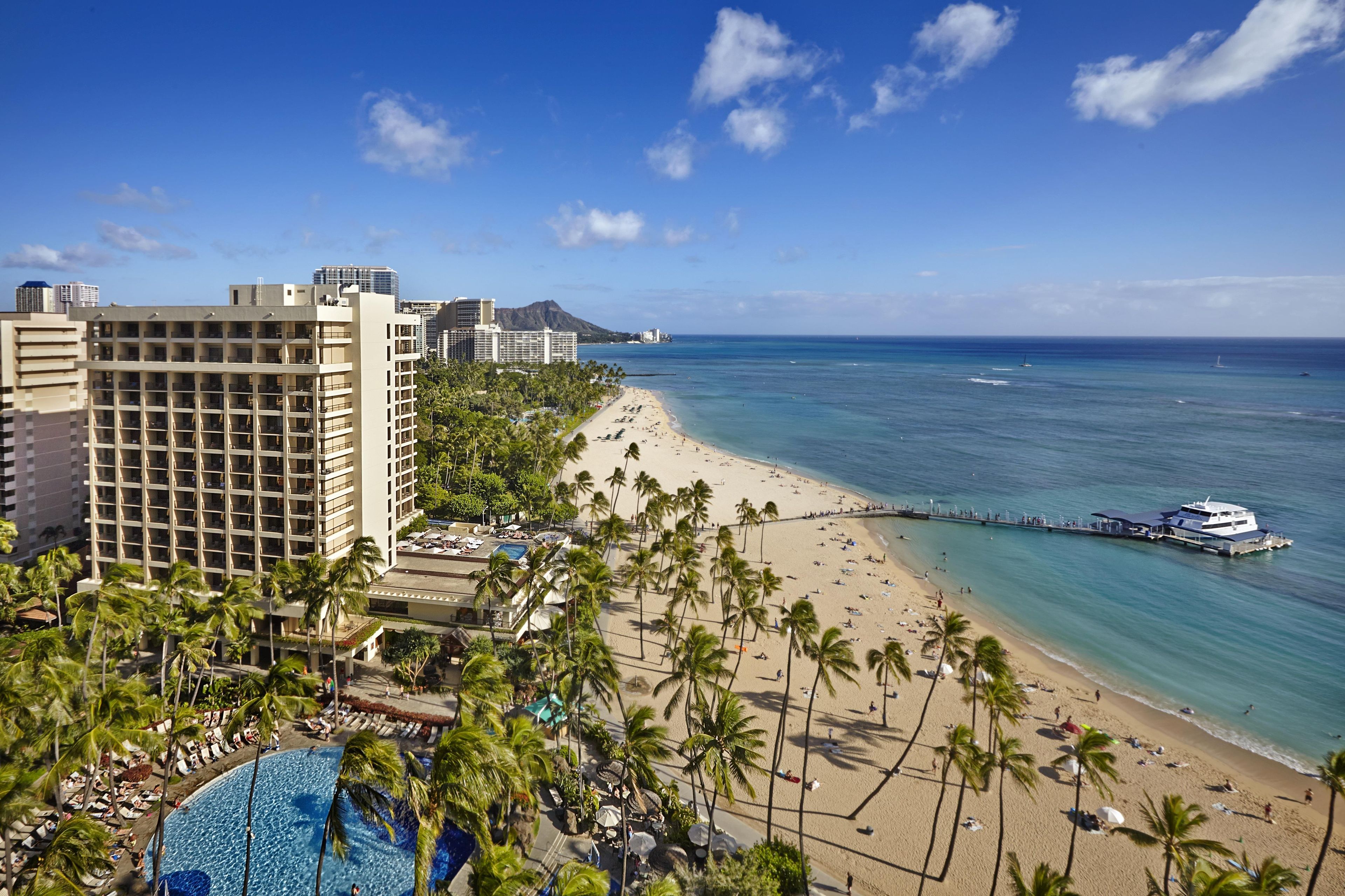 Un hotel frente al mar con piscina, palmeras y vistas al océano.