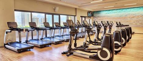 A gym with multiple treadmills and stationary bikes arranged in rows.