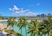 A beach with palm trees, a city skyline, and a clear blue sky.