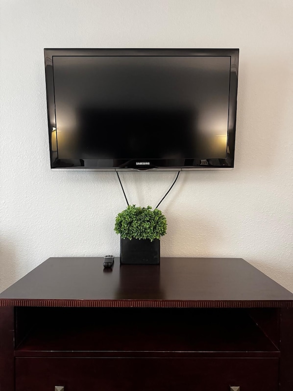 Un televisor de pantalla plana montado en una pared sobre un mueble de televisión de madera oscura, con una pequeña planta en maceta encima.