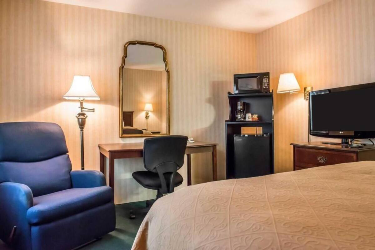 A hotel room with a bed, a desk, a chair, a television, a microwave, and a minibar.