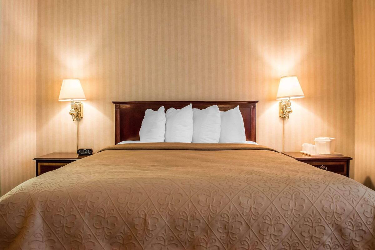 A hotel room with a large bed, two bedside lamps, a wooden headboard, and a nightstand with a clock.