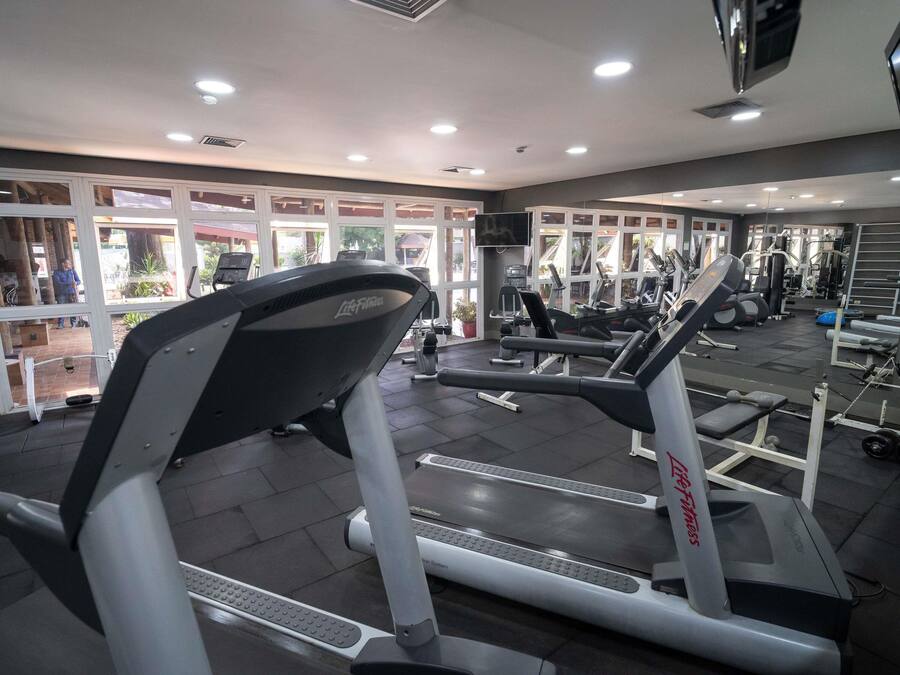 A gym with treadmills, weight machines, and a large window.