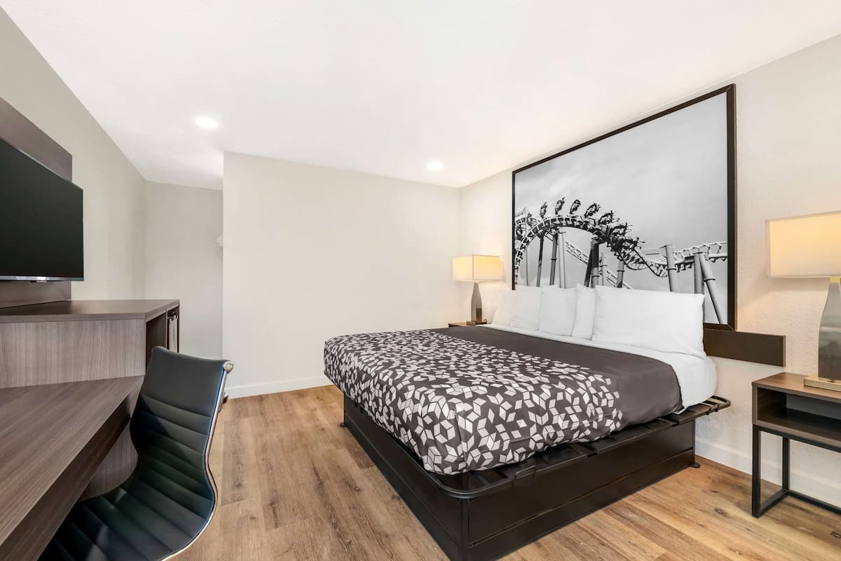 Una habitación de hotel moderna con una cama, un escritorio y una silla.
