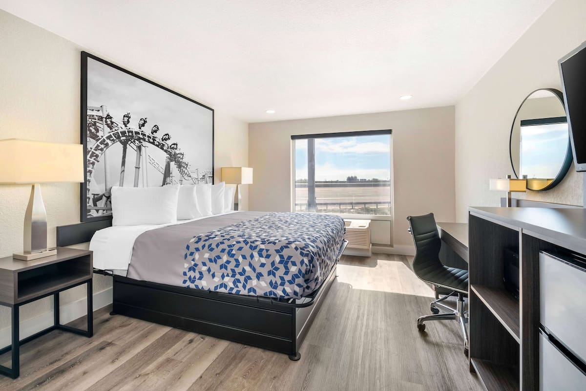 Habitación de hotel moderna con una cama grande, un escritorio, una silla y vistas de la ciudad.