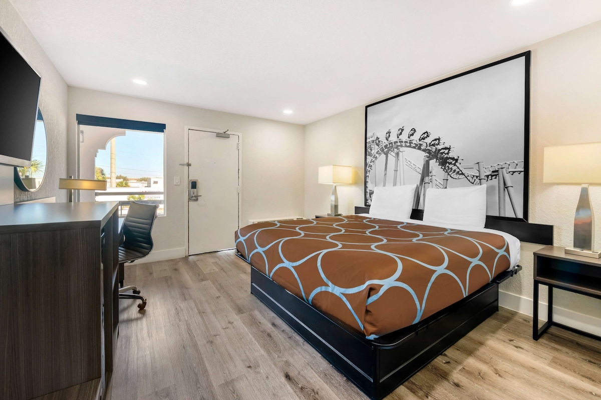 Hotelkamer met een bed, bureau, stoel, groot raam en een tv aan de muur.