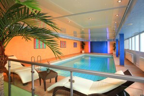 Indoor pool, open 7:00 AM to 10:00 PM, sun loungers
