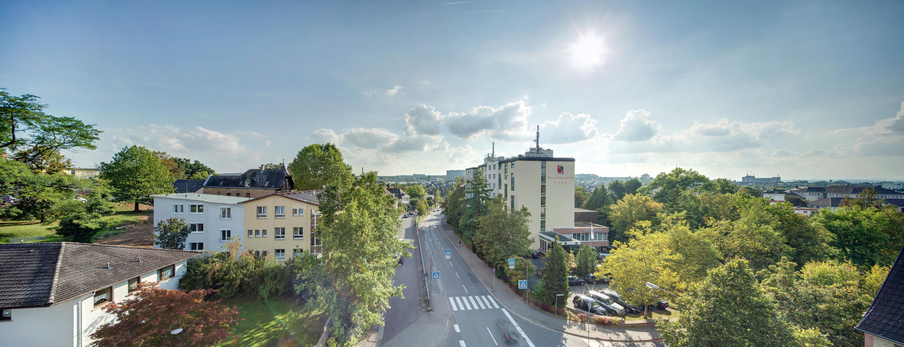 Straßenansicht mit einem Hotel namens 'Hotel Steinbock' im Zentrum, umgeben von Bäumen und anderen Gebäuden.