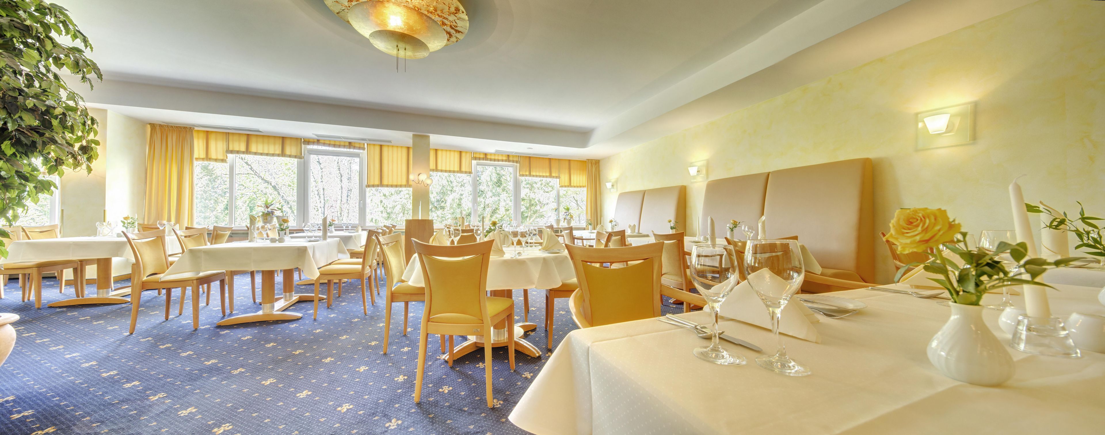 Comedor de hotel con mesas dispuestas para el servicio, ventanas amplias y alfombra azul.