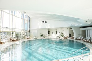 Outdoor pool, pool umbrellas, pool loungers
