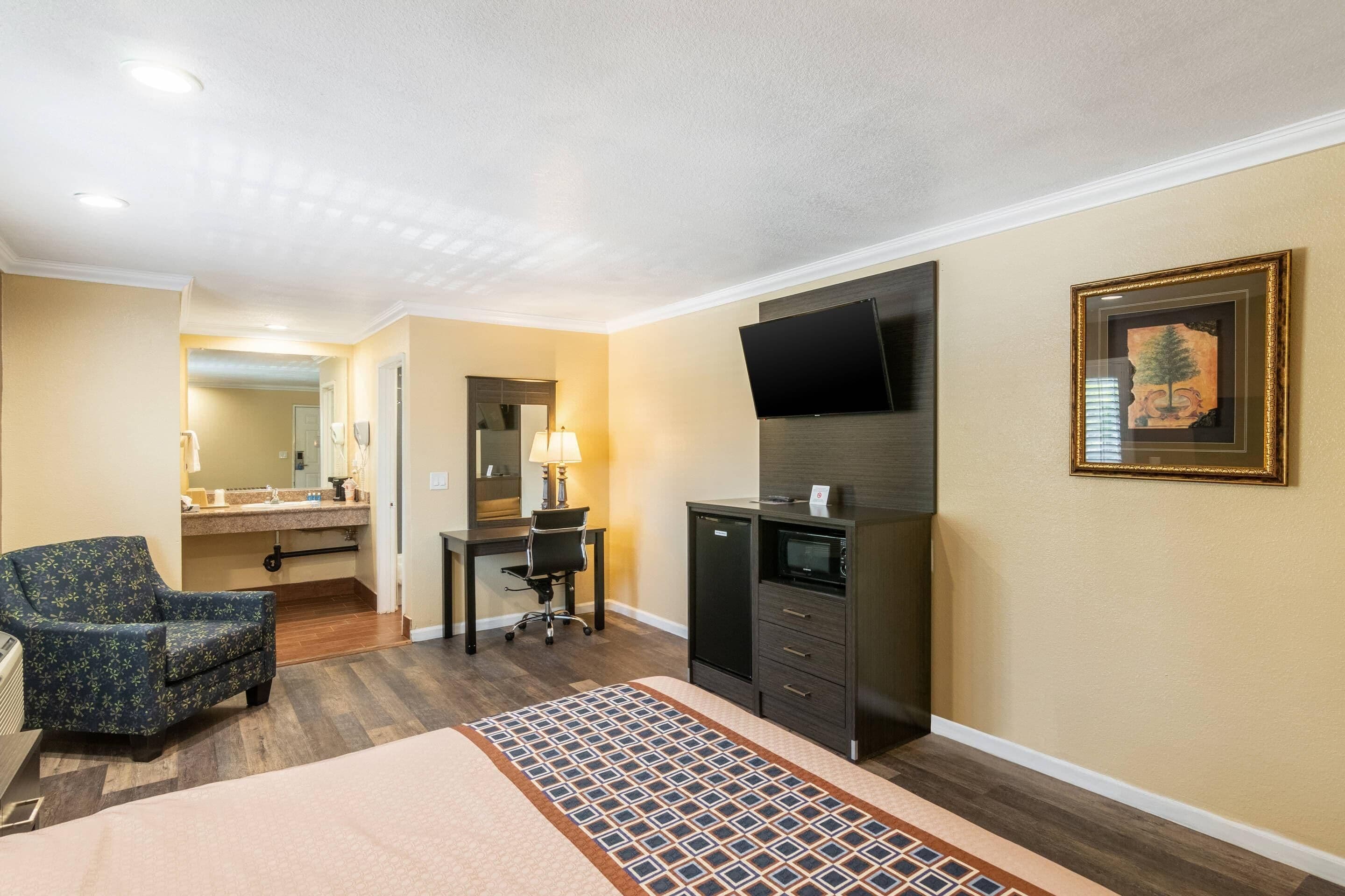 A hotel room with a bed, a desk, a chair, a television, and a framed picture on the wall.